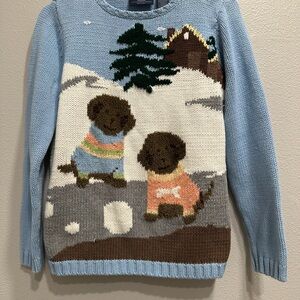 VTG Crazy Horse Blue Sweater with Dog Design,puppies in the snow,size PM,knit